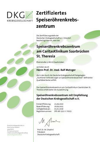 DKG Zertifikat: Speiseröhrenkrebszentrum