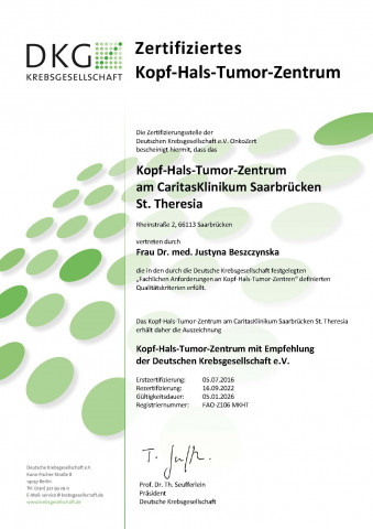 DKG Zertifikat: Kopf-Hals-Tumor-Zentrum