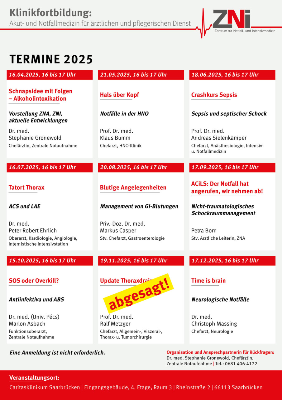 Klinikfortbildung: 
Akut- und Notfallmedizin für ärztlichen und pflegerischen Dienst  - Termine 2025