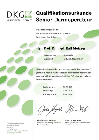 DKG Zertifikat: Prof. Dr. med. Ralf Metzger, Senior-Darmoperateur