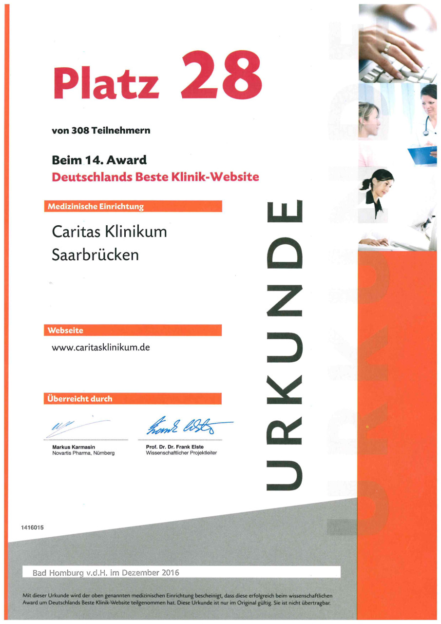 Urkunde "Deutschlands Beste Klinik Website 2016"